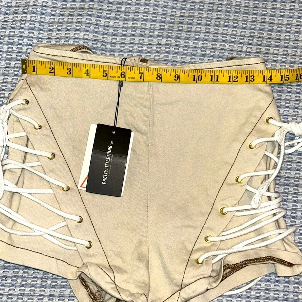 PrettyLittleThing Shape Ecru Lace Up Side Denim Shorts NWT